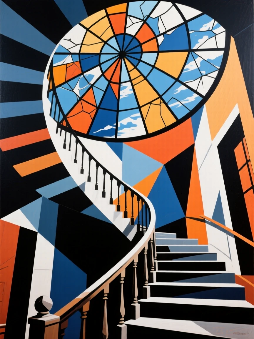 A grand staircase spiraling upward beneath a domed glass ceiling.