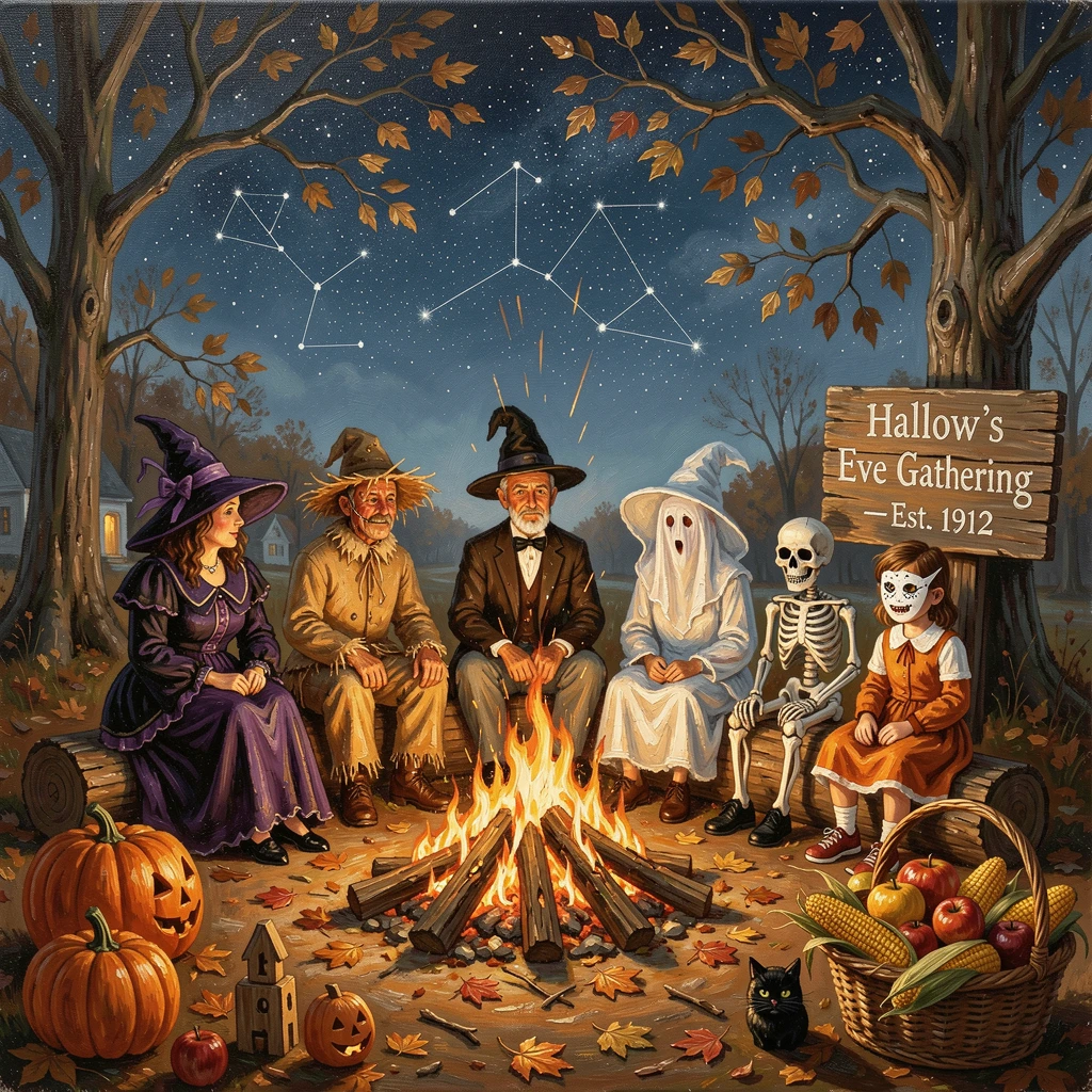 A festive Halloween bonfire gathering shows friends roasting marshmallows in costume beneath a star-filled autumn sky, small cultural details woven throughout the scene, grounding it in a specific time and place.