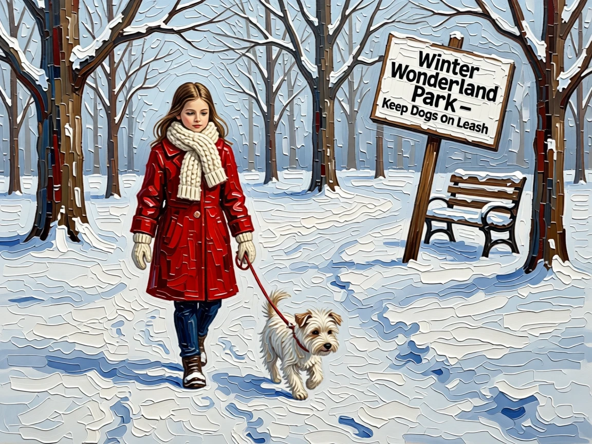 A young girl in a red coat walking a small dog through a park covered in fresh snow