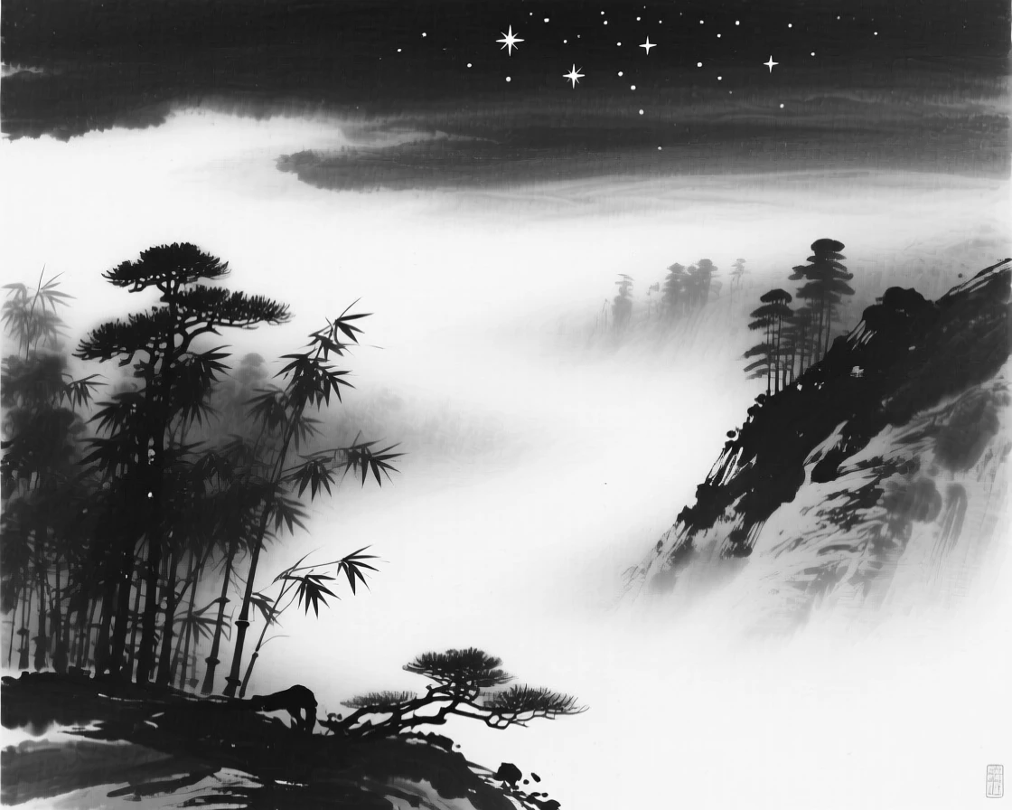 Thick fog rolls slowly through a valley, swallowing the tops of trees, as the first stars begin to appear overhead.