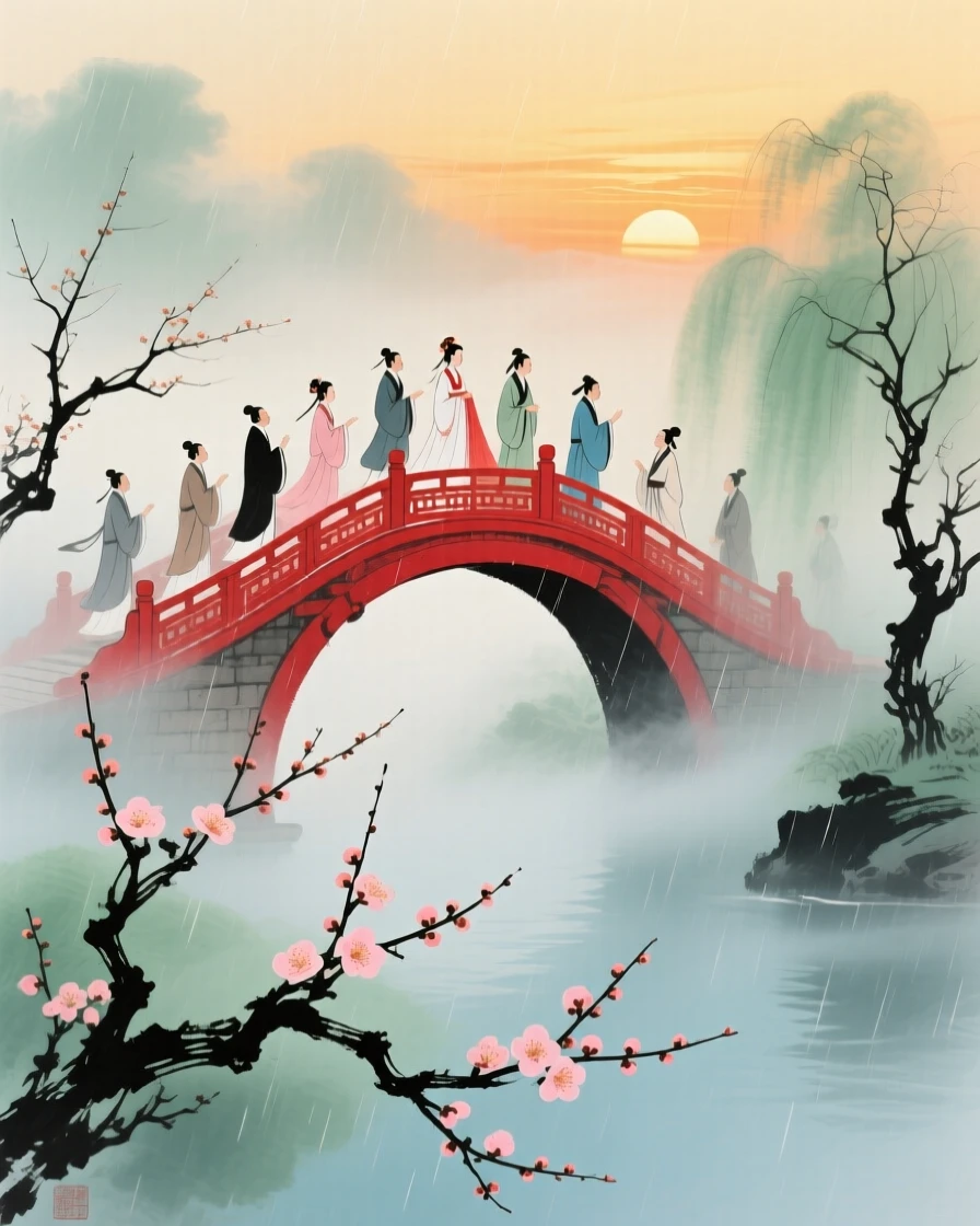 A wedding procession crossing a red lacquered bridge at sunset, through swirling morning fog, as the last plum blossoms cling to bare branches, just after a rain shower.