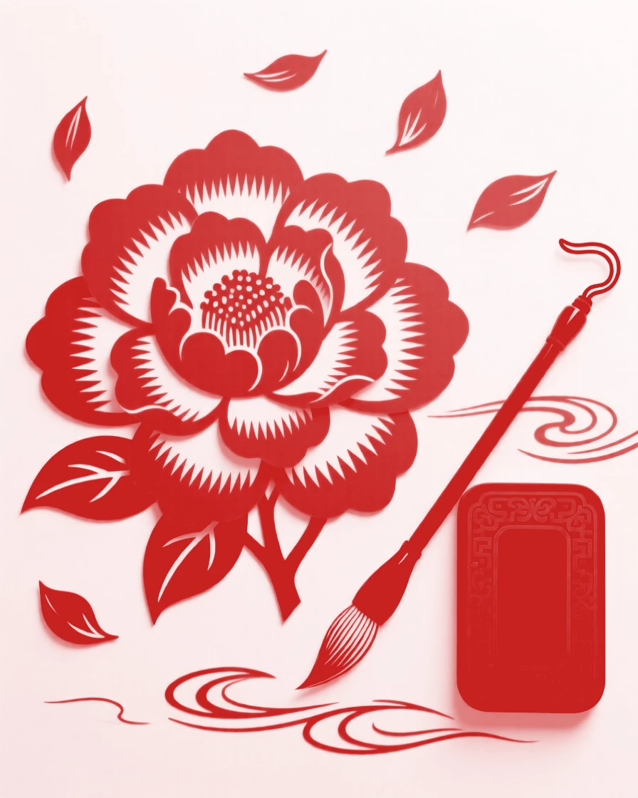 A camellia blossom scattered with a few fallen petals on dark stone, beside a scholar's brush and inkstone.