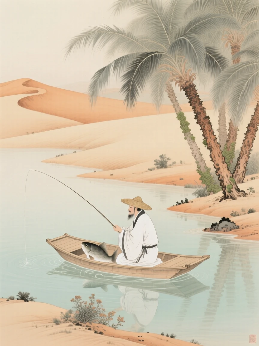 A desert oasis with palm trees and clear water, a single fisherman casting a line from a small boat