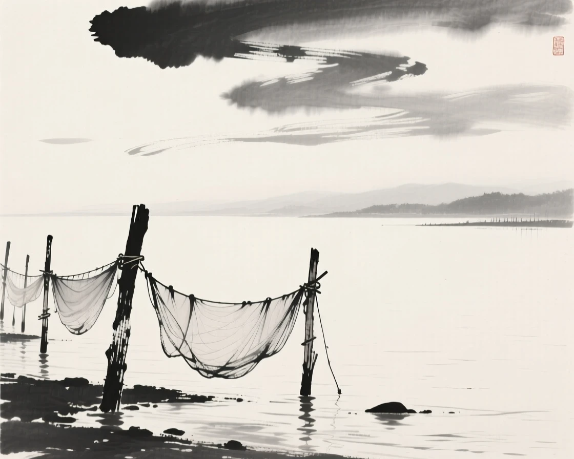 A calm bay where fishing nets dry along wooden posts beneath a canopy of drifting cloud banks, seen from across the water, the far shore reduced to soft silhouette, conveying calm reflection and gentle isolation.