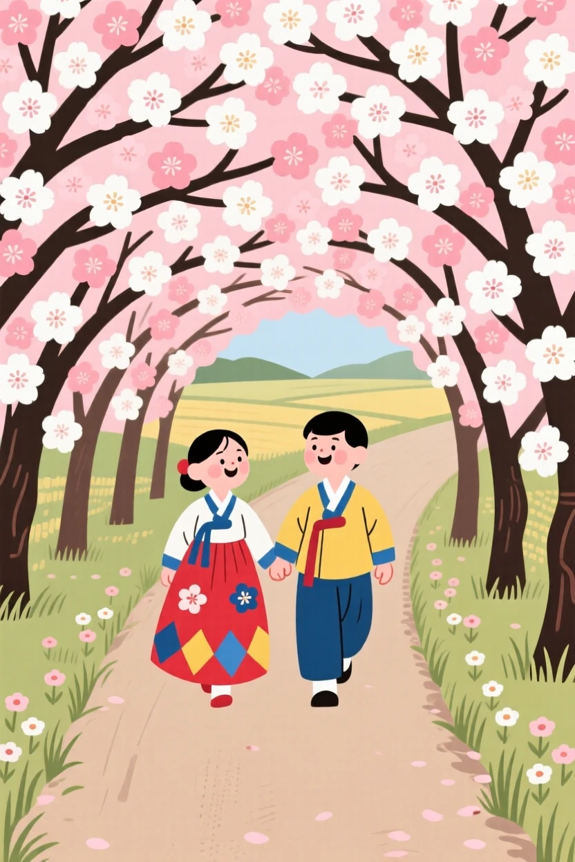 A young couple walking through a tunnel of cherry blossoms along a quiet countryside road.