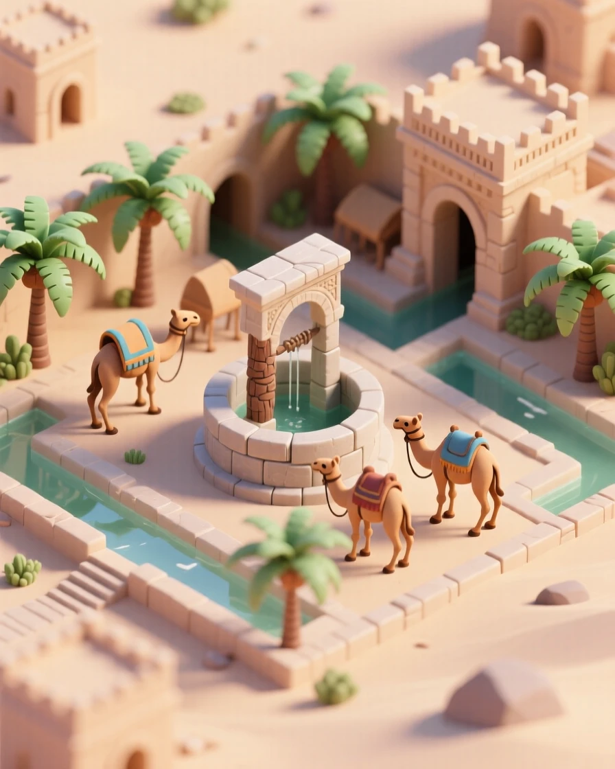An ancient Garamantian oasis city with underground irrigation channels, palm groves, and camel caravans resting at a well.