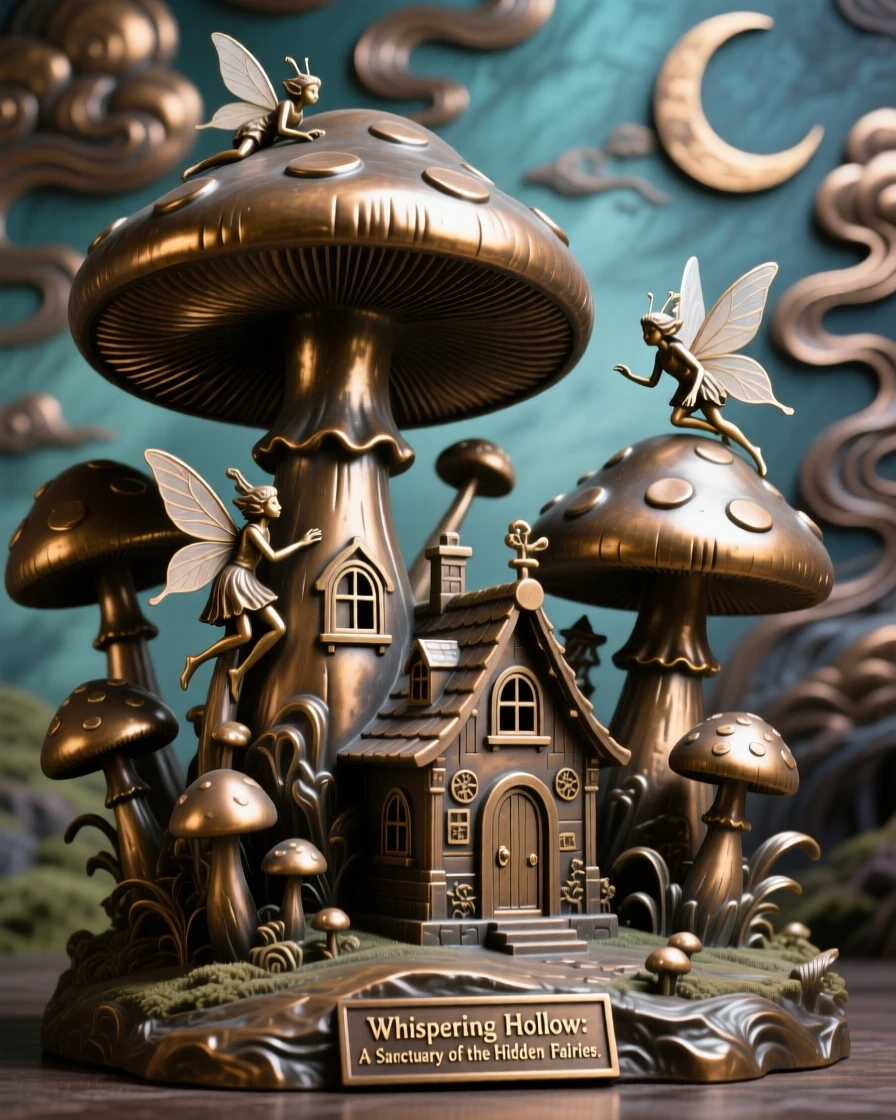 A hidden fairy village nestled among giant mushrooms, set against a surreal, otherworldly sky, transporting the viewer to another world