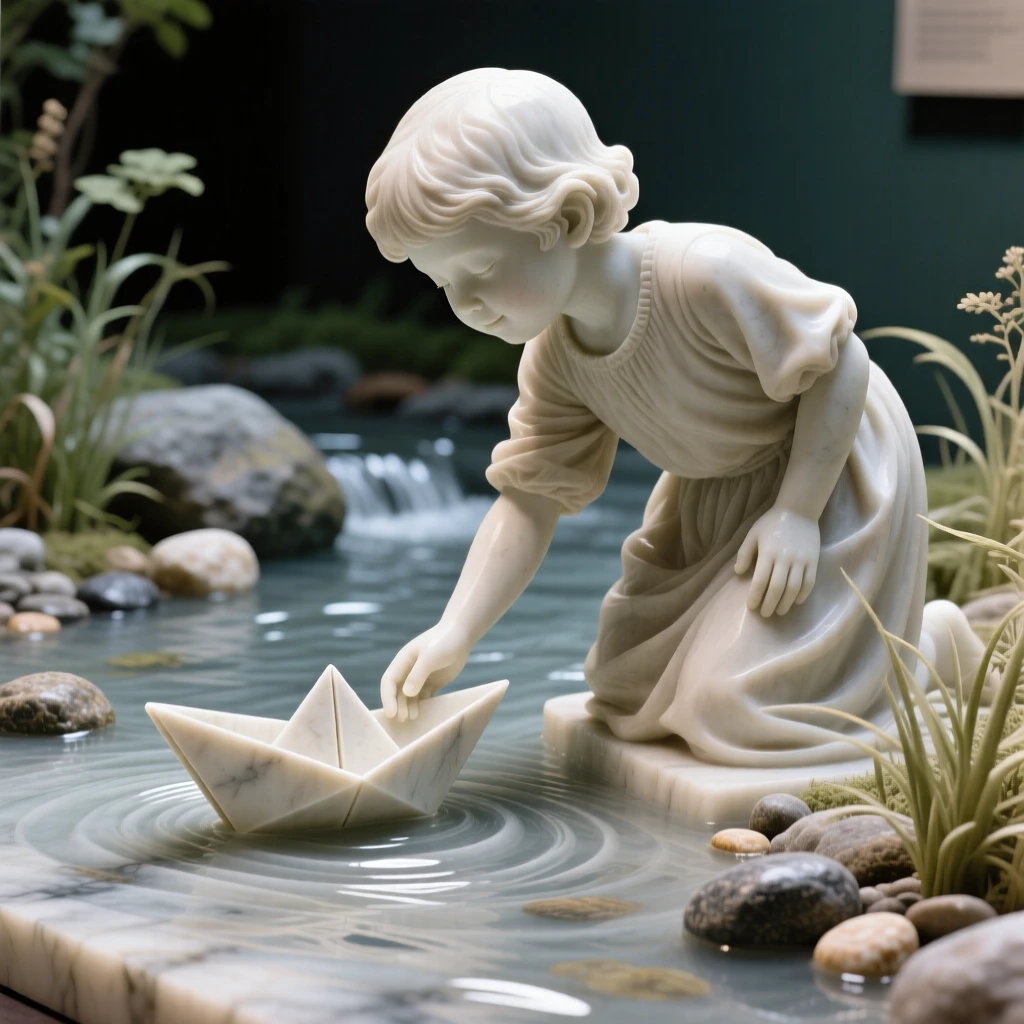 A vivid, emotionally rich scene of a child releasing a paper boat into a stream, captured with cinematic depth and detail, designed to captivate and inspire