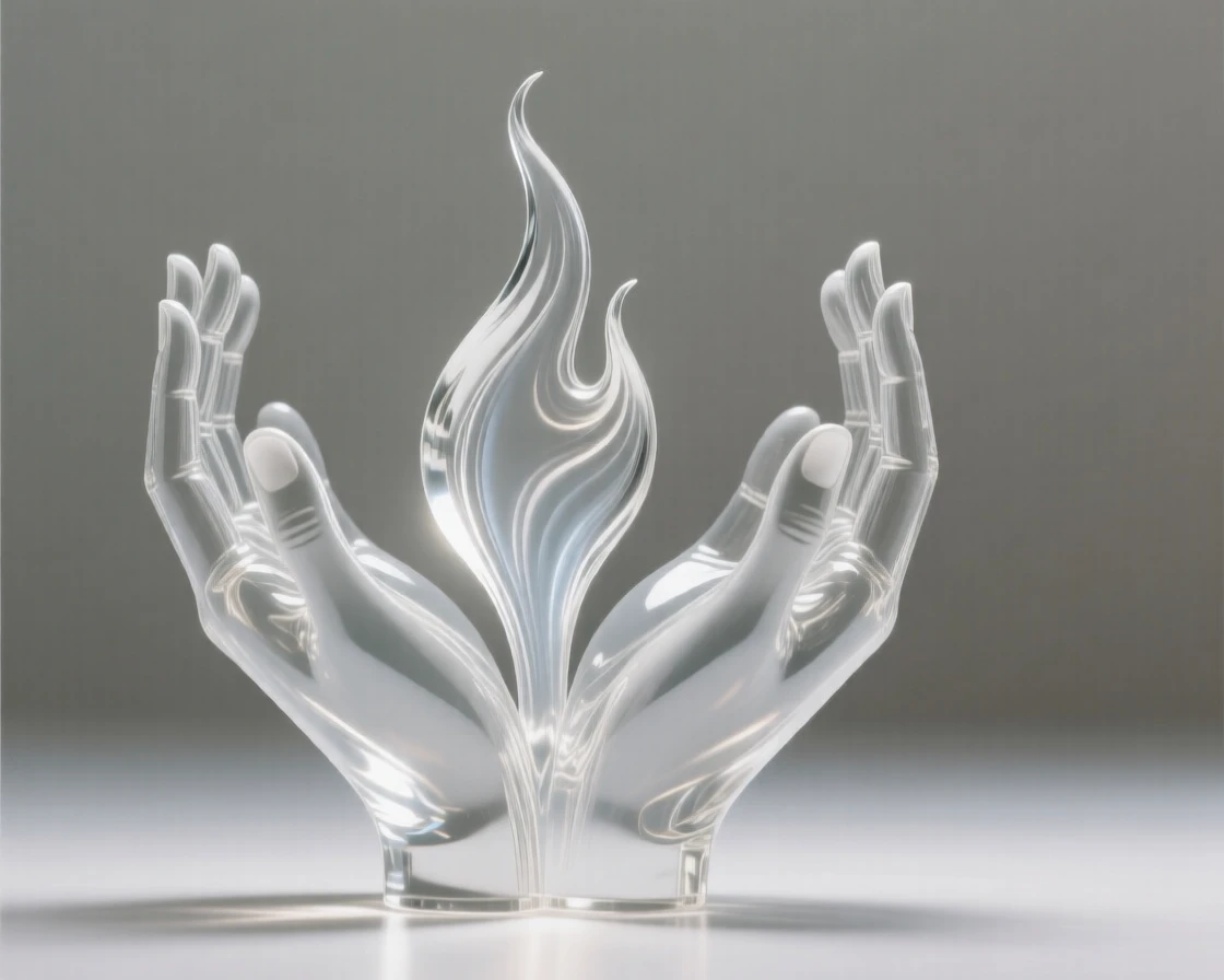 A single flame rising from an open pair of hands as light radiates outward in gentle waves, while a quiet stillness surrounds the entire scene