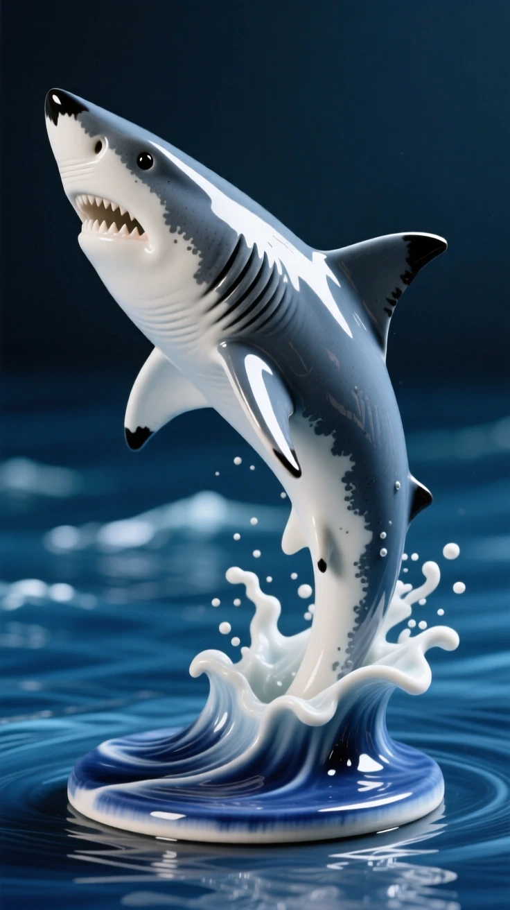 A hammerhead shark gliding through deep blue water breaching in a dramatic arc of spray, trailing a faint wake through the water, conveying calm, fluid tranquility.