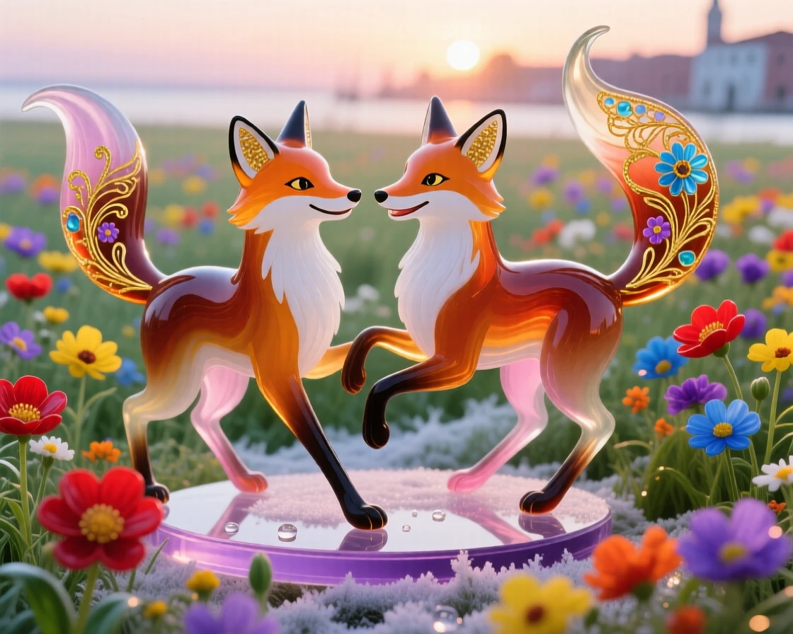 A pair of foxes playing together in a field of the most vivid blooming wildflowers at the crack of dawn, playful and joyful.