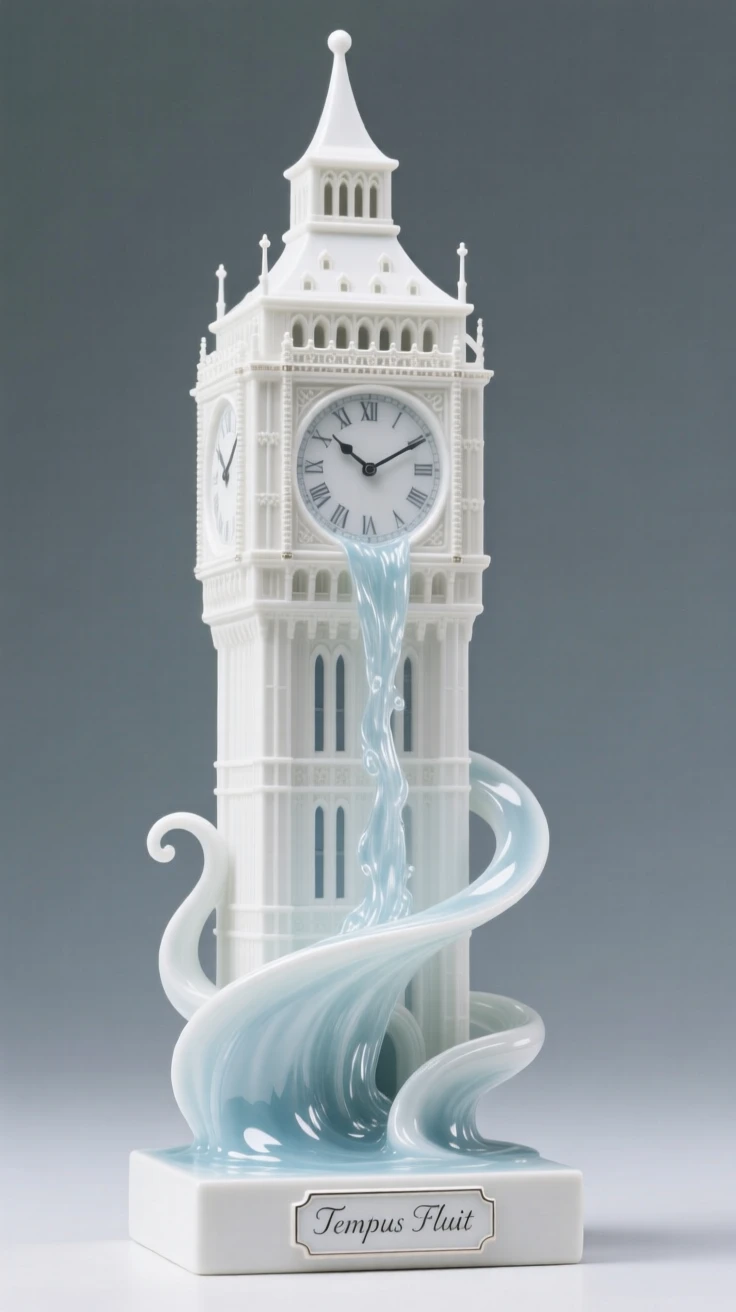 An imaginative vision of a clocktower where time visibly flows like water, full of quiet grandeur and imaginative detail.