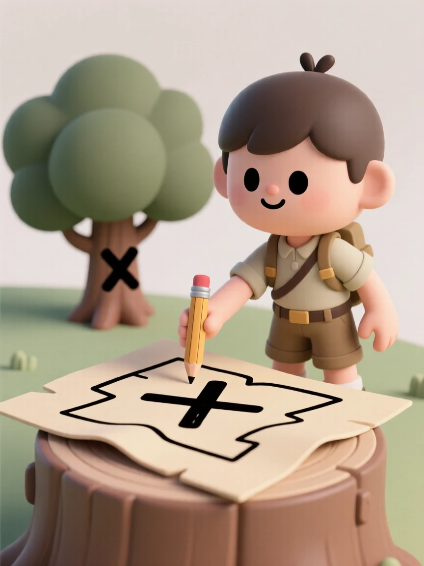 A determined young explorer marks a hand-drawn treasure map with an X beneath a backyard oak tree.