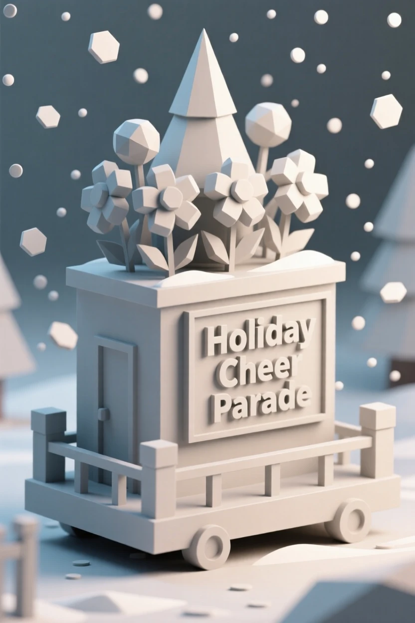 A festive parade float decorated with colorful flowers, as snow gently falls. soft light and gentle shadows add depth to the scene. The mood feels cozy and nostalgic.