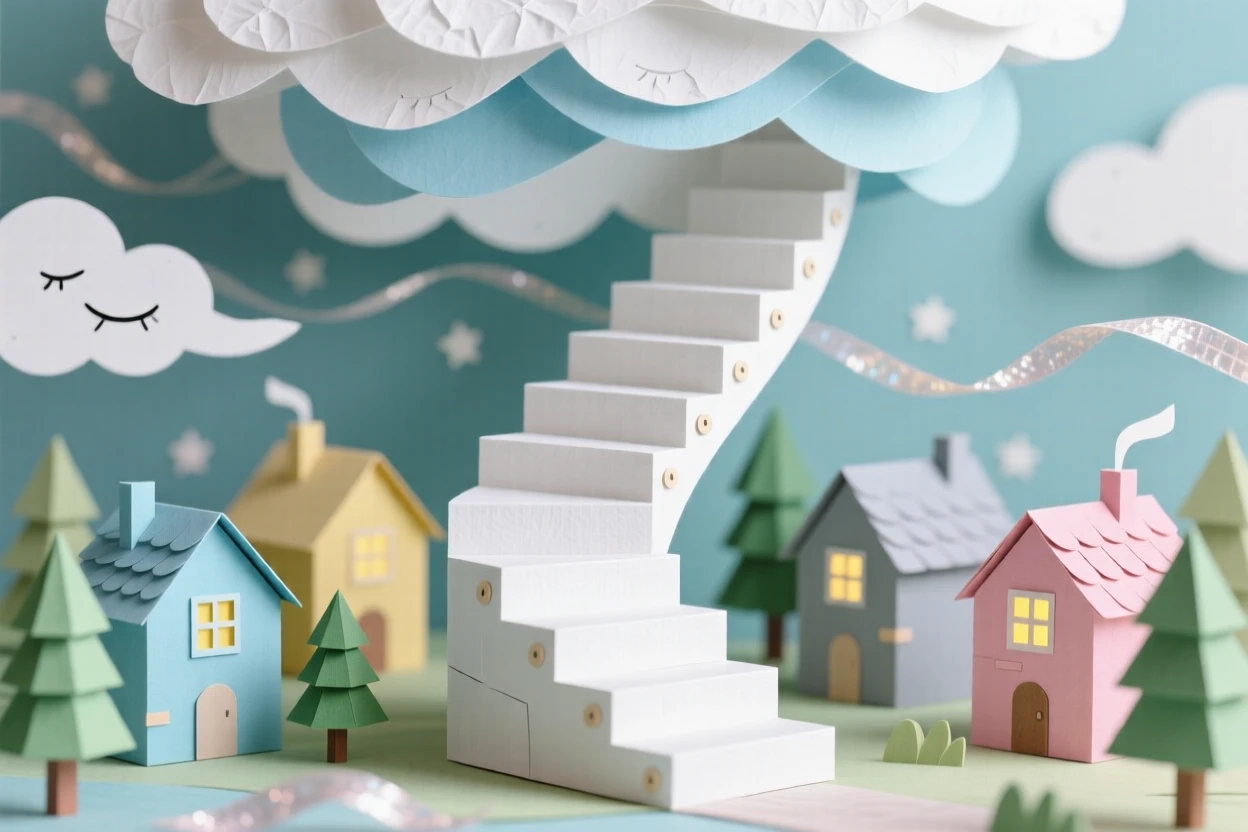 A staircase spiraling into the clouds drifting silently over a sleeping village, with a dreamlike glow surrounding the scene, capturing whimsical, surreal beauty.