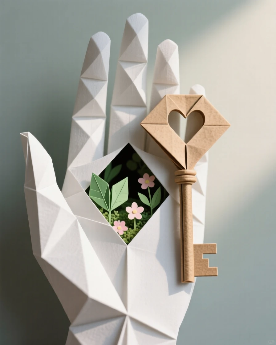 A hand holding an old key that opens onto a hidden garden glimpsed through the keyhole.