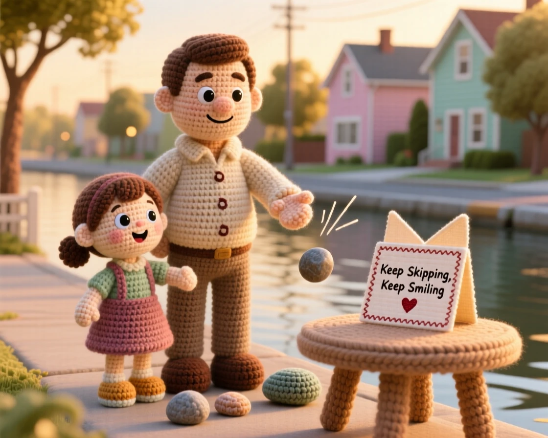 a father teaching his daughter to skip stones, standing together at the water's edge, cheering when a stone skips three times, in a quiet neighborhood street at golden hour, with a handmade card resting on the table, radiating warm nostalgia and gentle family tradition.
