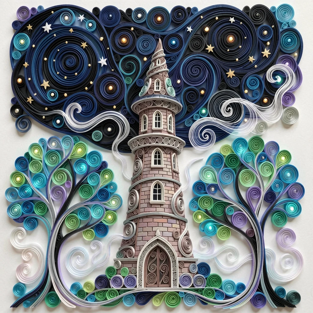 a wizard's tower spiraling up into a starry sky, beneath a canopy of glowing luminescent trees, composed with soft ethereal mist drifting through the scene, with delicate wisps of magical mist curling upward.