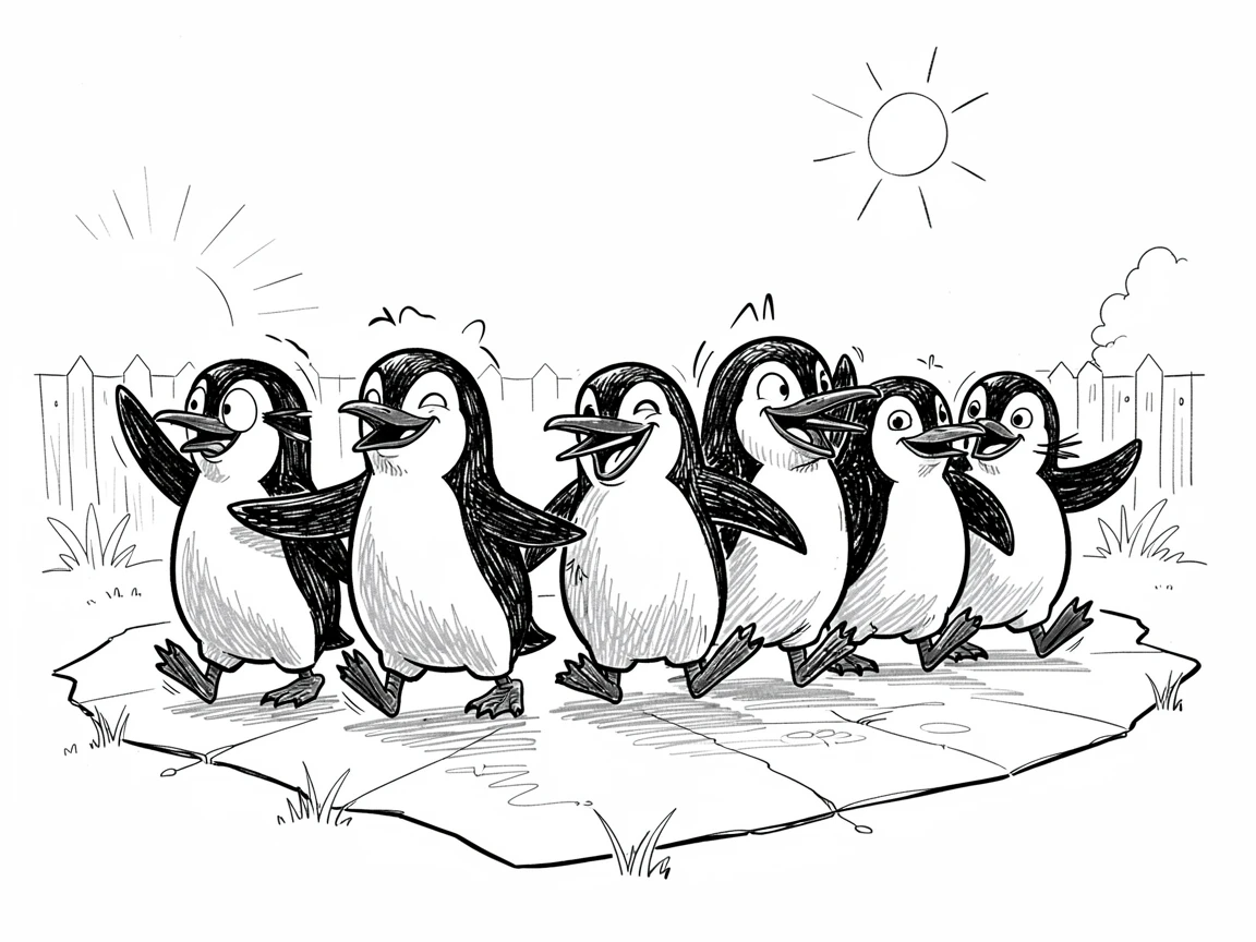 A group of penguins forming a conga line on ice in a sunny backyard.