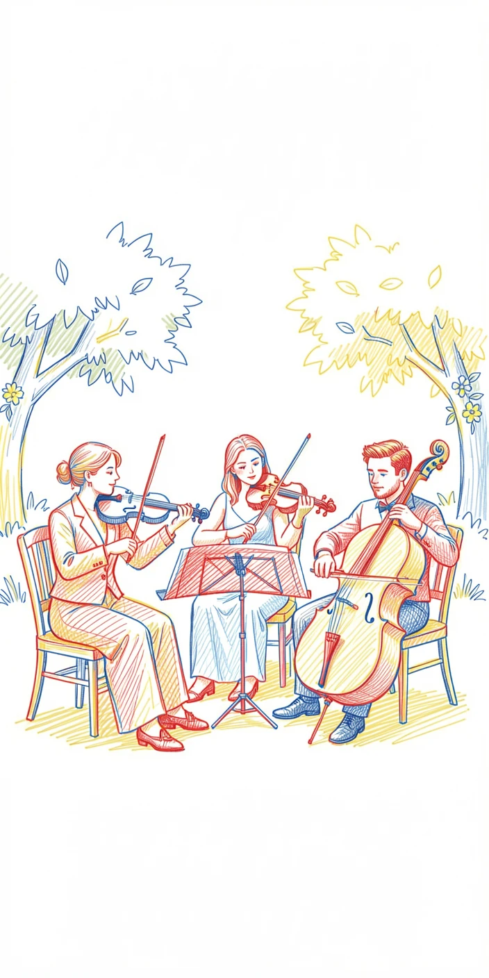 A string quartet performing elegantly at an outdoor summer wedding