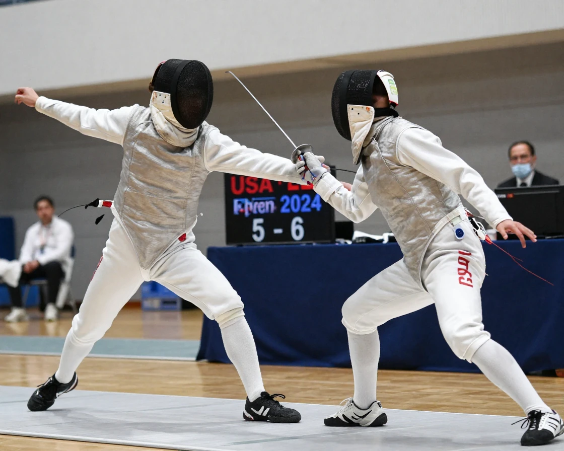 A fencing match with two competitors mid-lunge