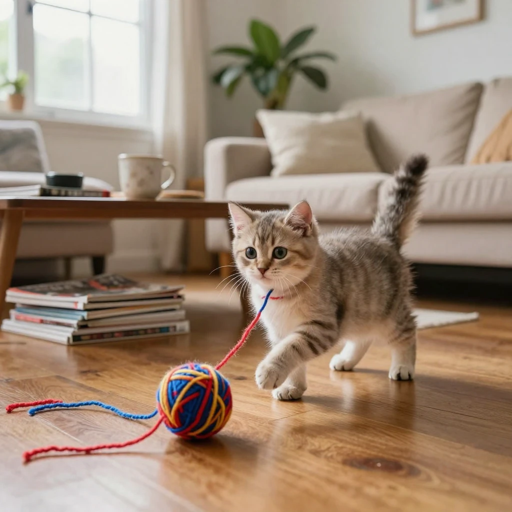 A kitten pounces on a ball of yarn that has unraveled across a living room floor.