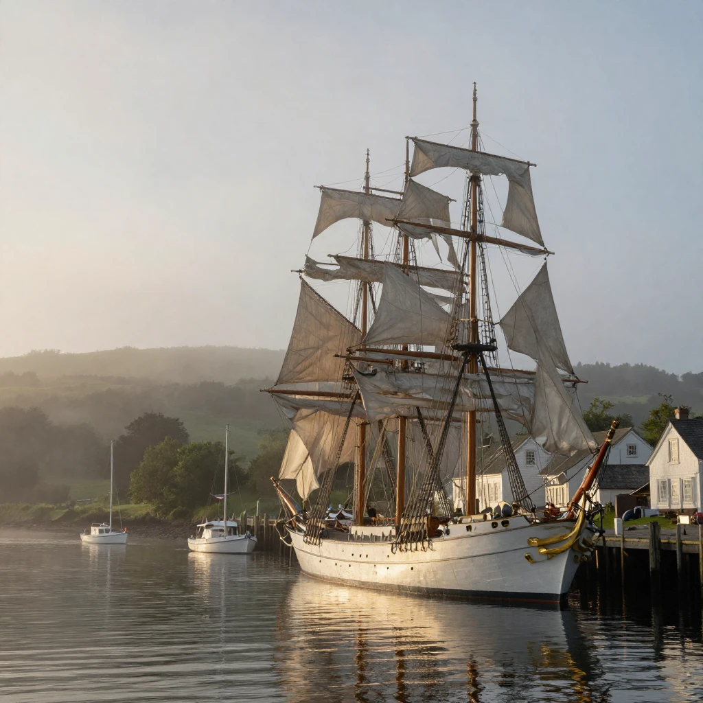 A tall-masted sailing ship resting quietly in a small harbor as fog rolls across the landscape