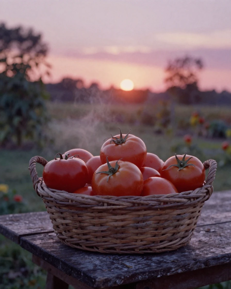 A basket of freshly picked tomatoes on a garden table, under a glowing sunset sky, as mist rises off the ground, in the mild days of early autumn, in dusty lavender and rose tones, in a tight close-up.