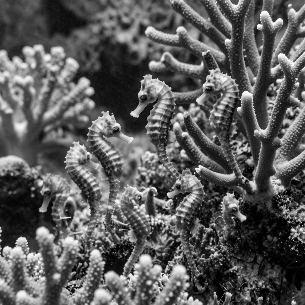 A colony of seahorses drifts among swaying coral branches beside a vibrant coral reef.