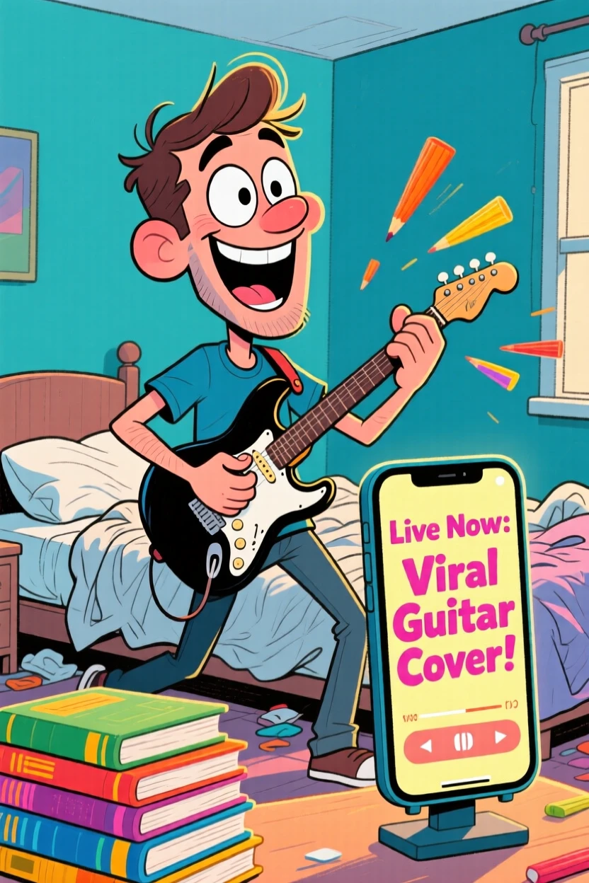 A man doing a viral guitar cover in his bedroom, phone propped on a stack of books.
