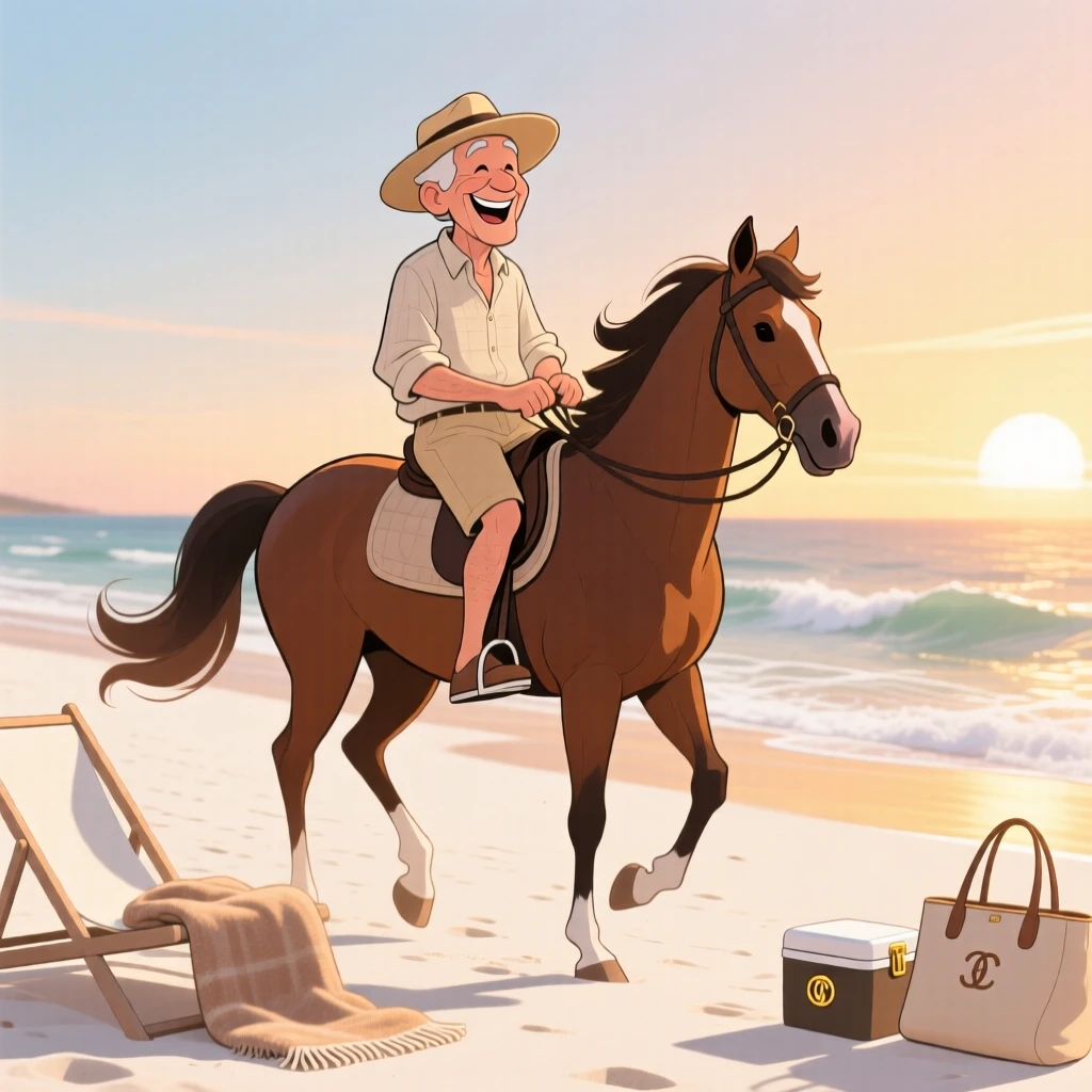 An aspirational lifestyle scene of a relaxed retiree riding horseback along a pristine beach at golden hour, surrounded by understated luxury.