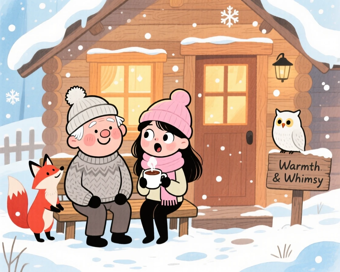 A charming seasonal scene of a cozy winter cabin with hot cocoa and falling snow outside