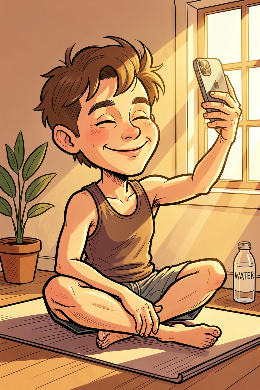 [Trending & Universal Topics] Modern lifestyle scene of a laid-back home fitness enthusiast capturing golden hour on a phone camera, capturing everyday joy
