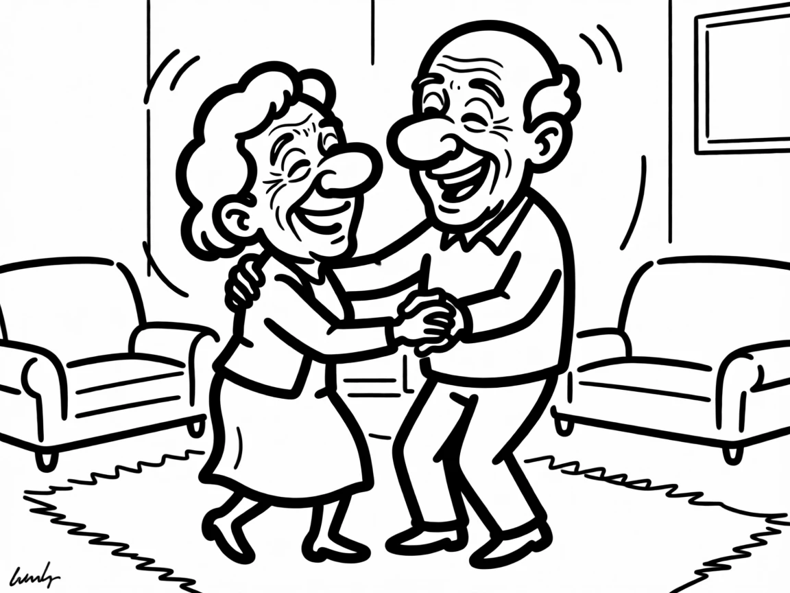 A pair of grandparents dancing cheek to cheek in their living room to an old song.
