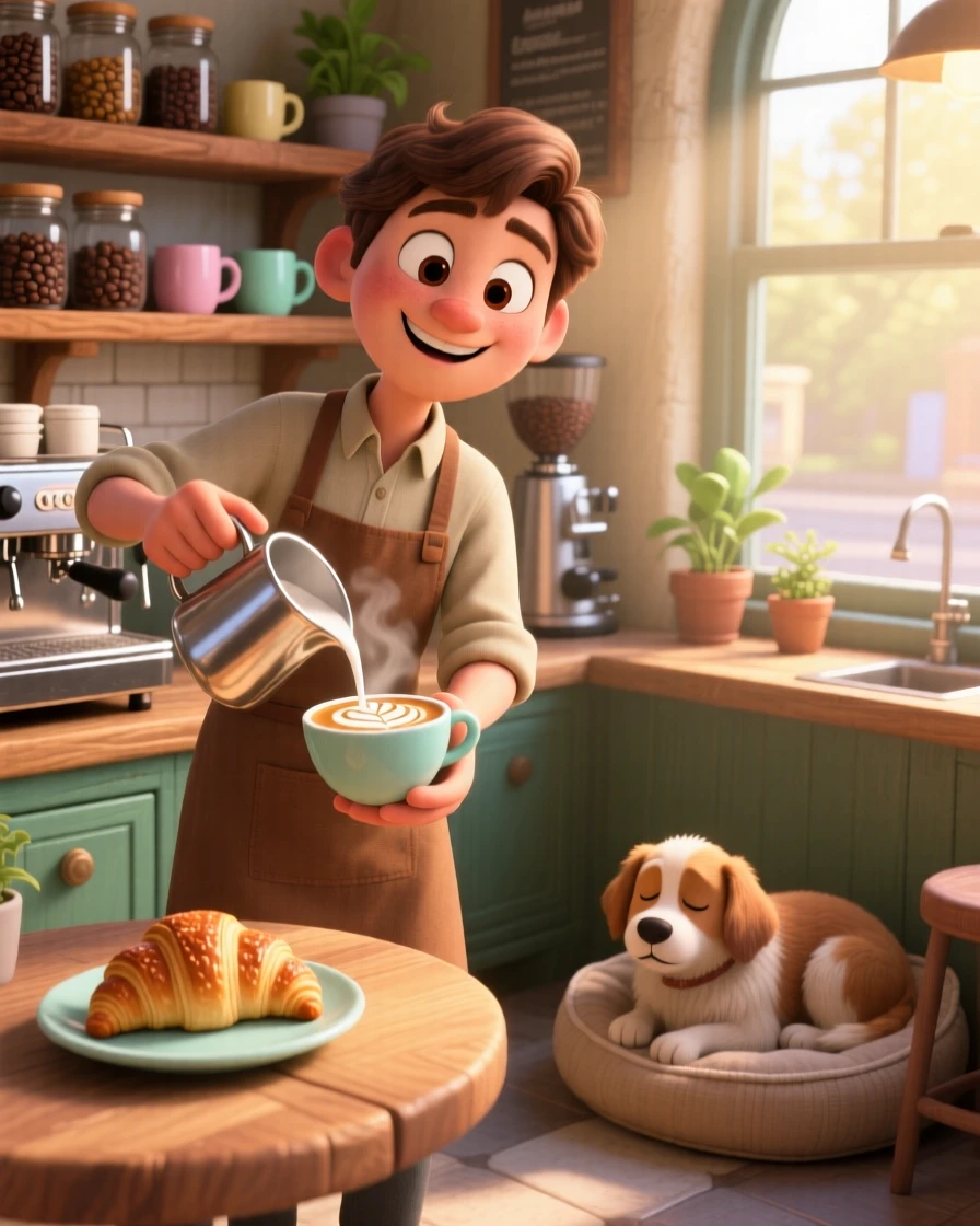 A barista drawing a leaf pattern in latte foam is captured in a cozy corner bakery early in the morning, with a friendly dog resting nearby. A simple contentment radiates through the scene.