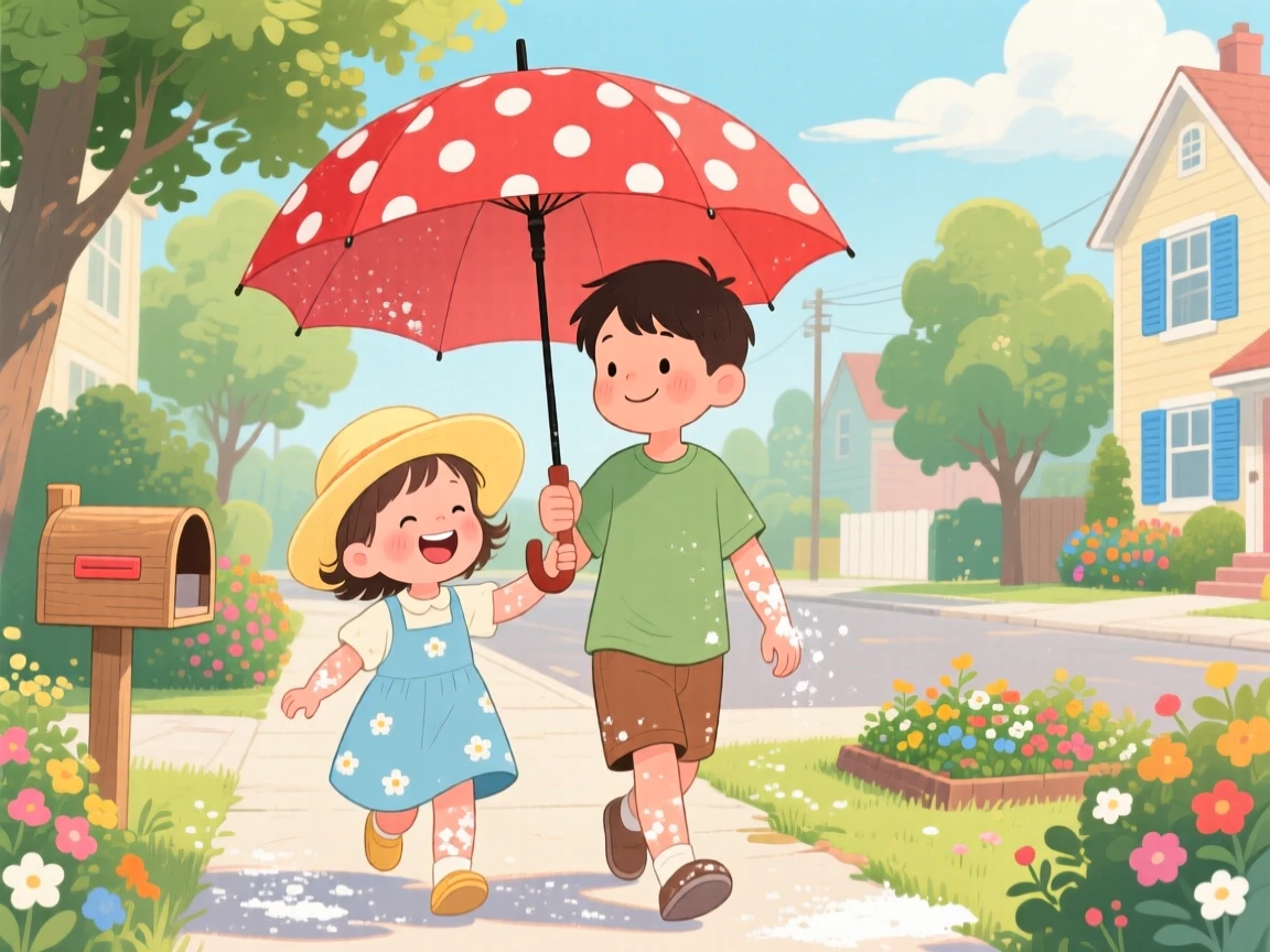 A toddler in a sunhat laughs while walking home together under one umbrella together with her older brother, with flour dusting their sleeves.