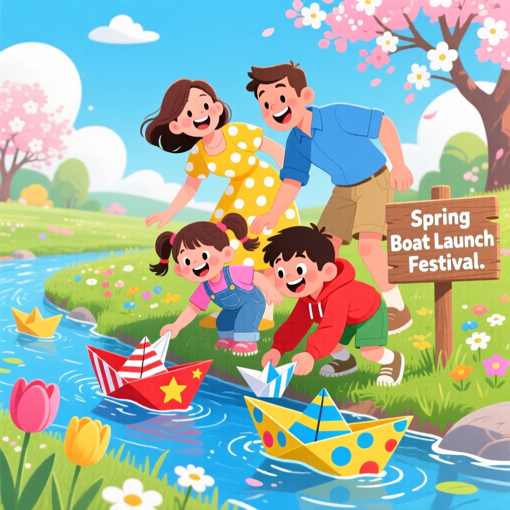 A family launching paper boats down a stream during a spring afternoon.