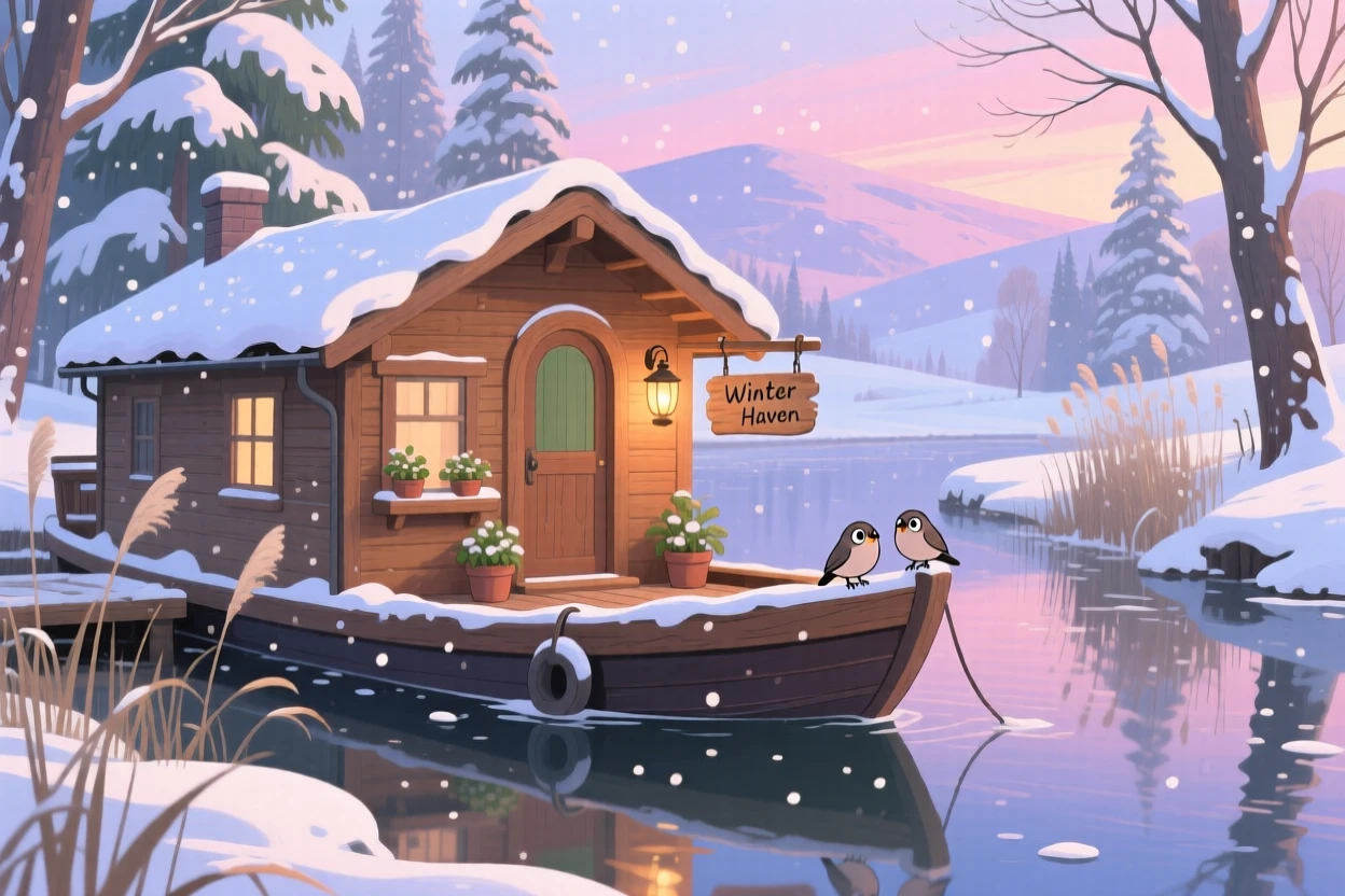 A charming view of a houseboat moored along a tranquil canal, dusted lightly with fresh snow.