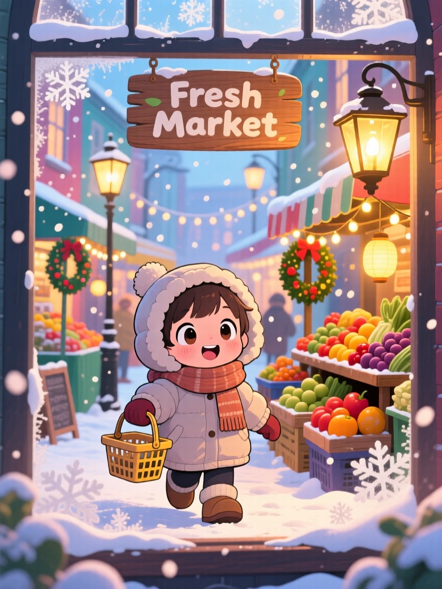 Framed through a window: a child, grocery shopping with a tiny shopping basket, set against a colorful neighborhood market during a cozy winter snowfall, with warm lamplight and a mood of eager anticipation.