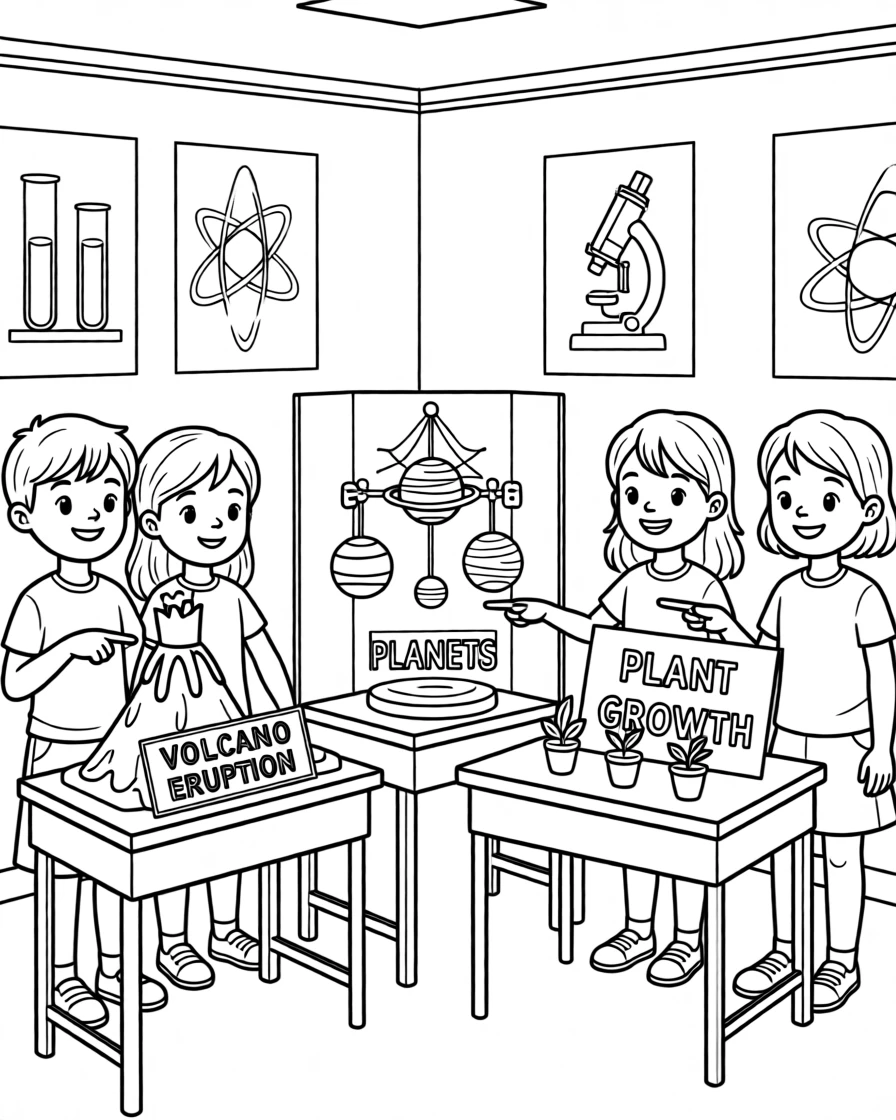 A classroom science fair with colorful project displays