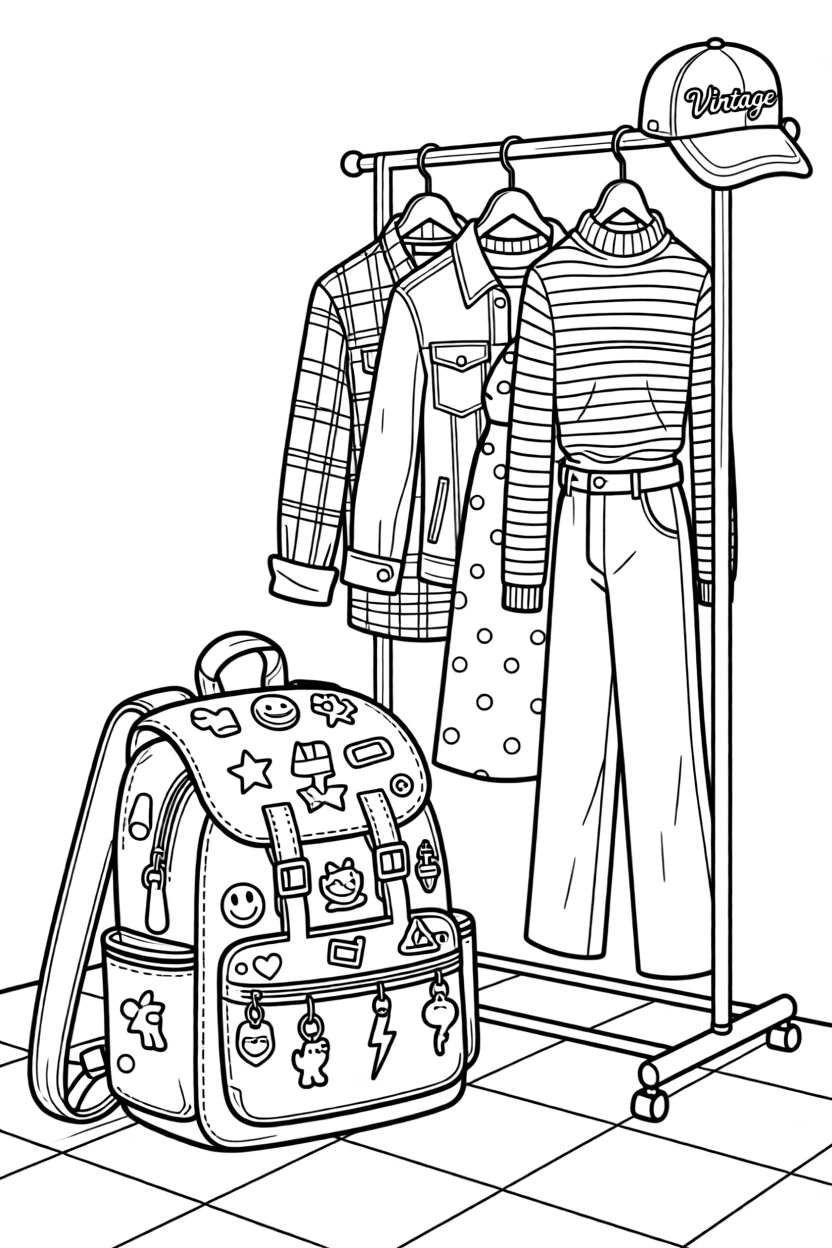 A backpack covered in enamel pins and keychains, styled beside a rack of vintage clothing.