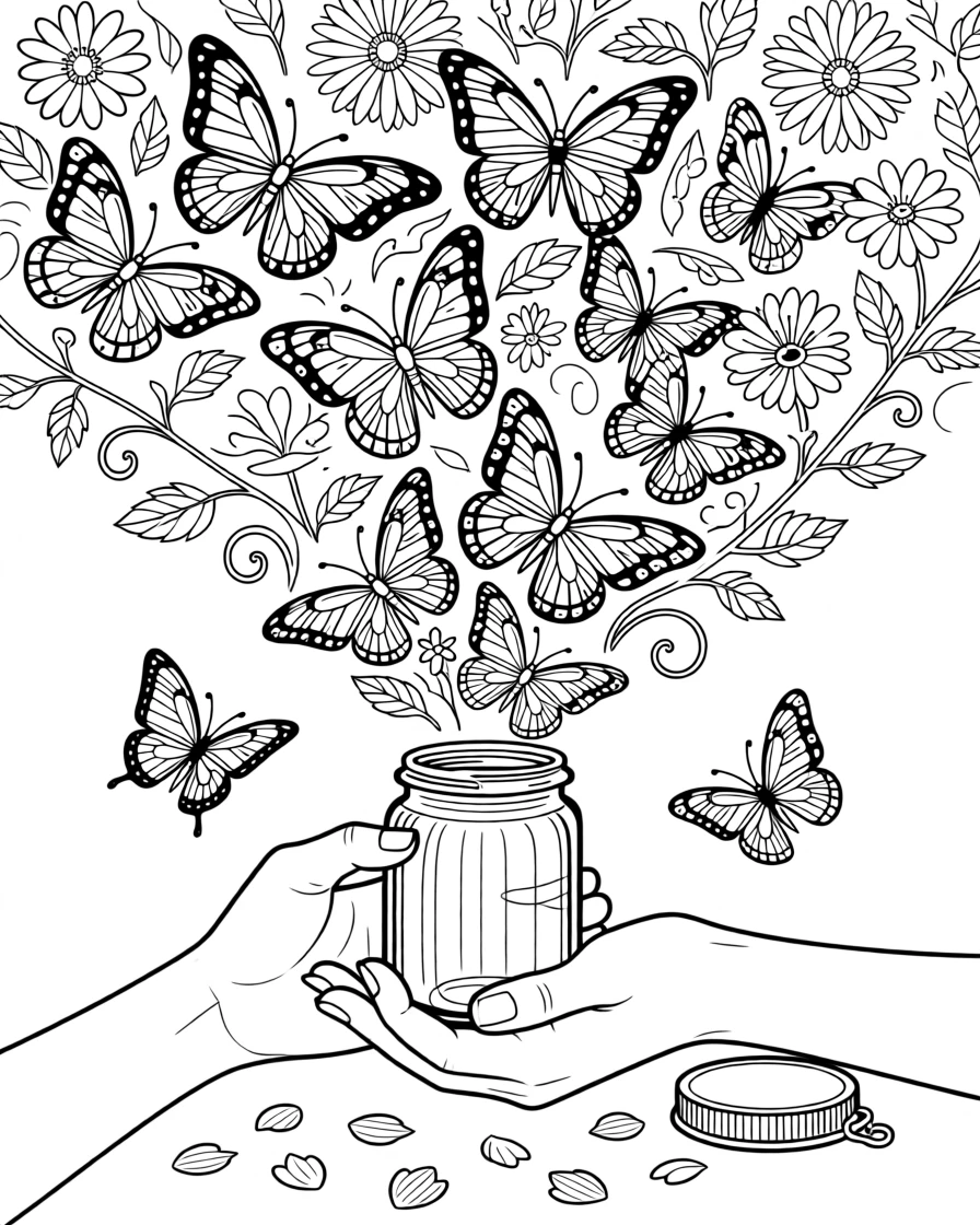 A pair of hands releasing a swarm of butterflies from an open jar.