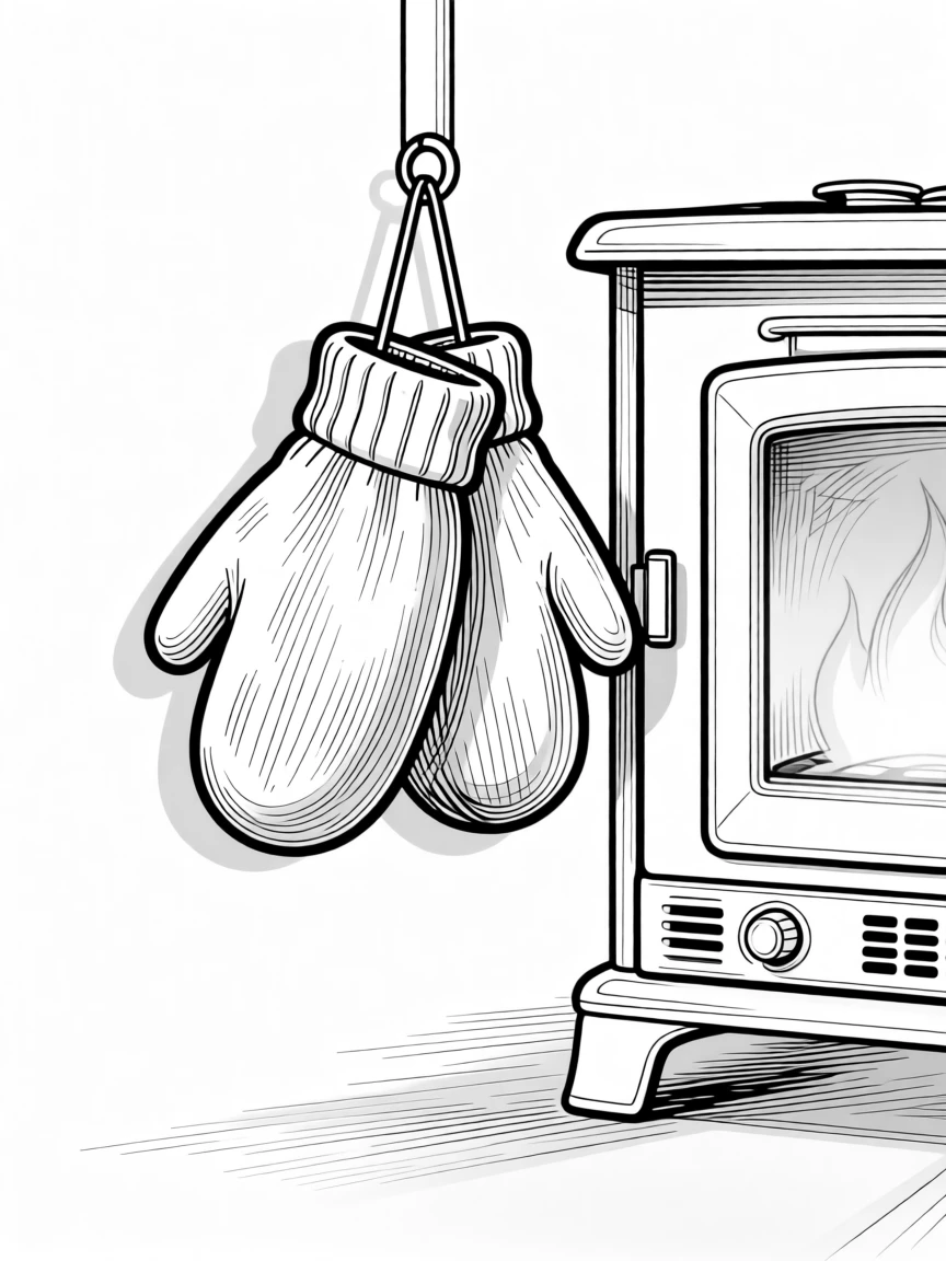 A pair of mittens drying beside a warm stove