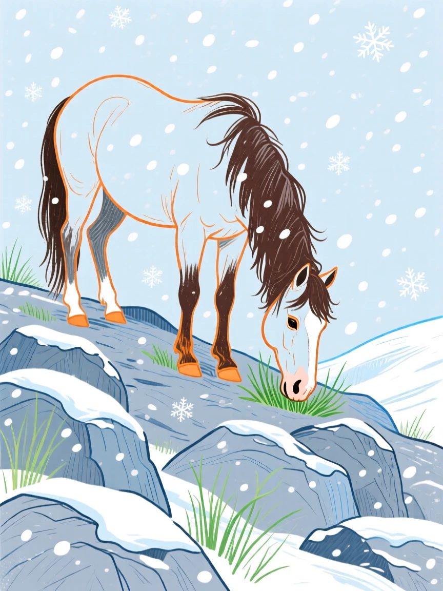 A wild mustang grazing on a rocky hillside during a light snowfall.