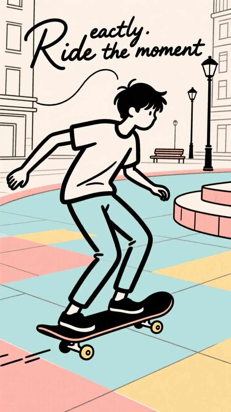 A teenager skateboarding through a city plaza