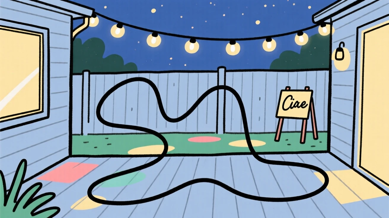 A backyard patio decorated with string lights for an evening gathering.