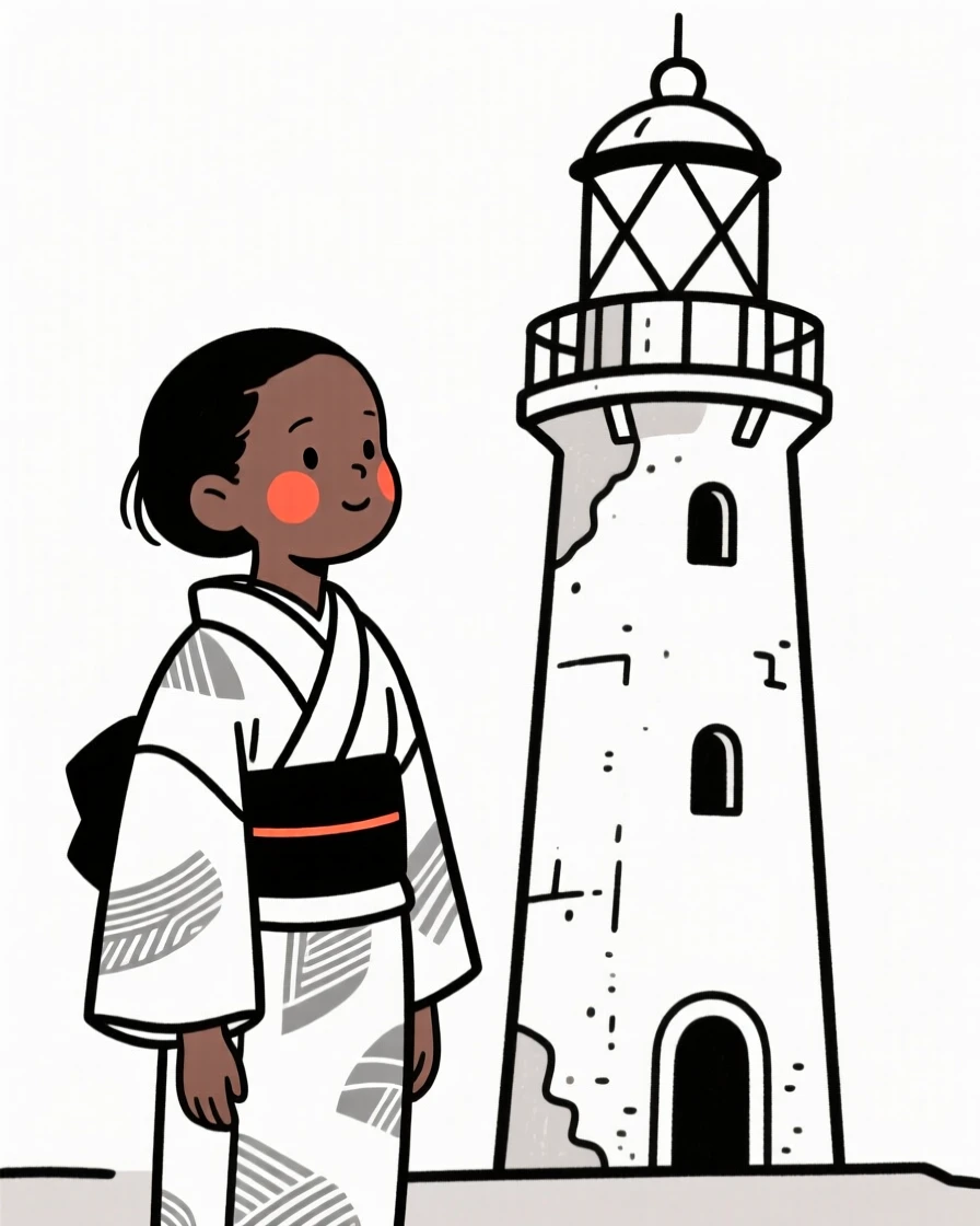 A seven-year-old girl of Kenyan heritage wearing a traditional kimono, glowing with nostalgia, beside an old lighthouse.