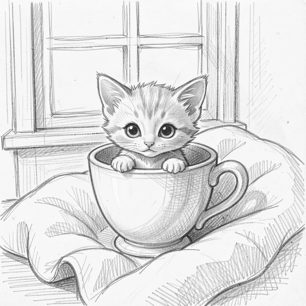 An irresistibly cute scene of a tiny kitten peeking out of a teacup on a cozy blanket by a window, with big, curious eyes.