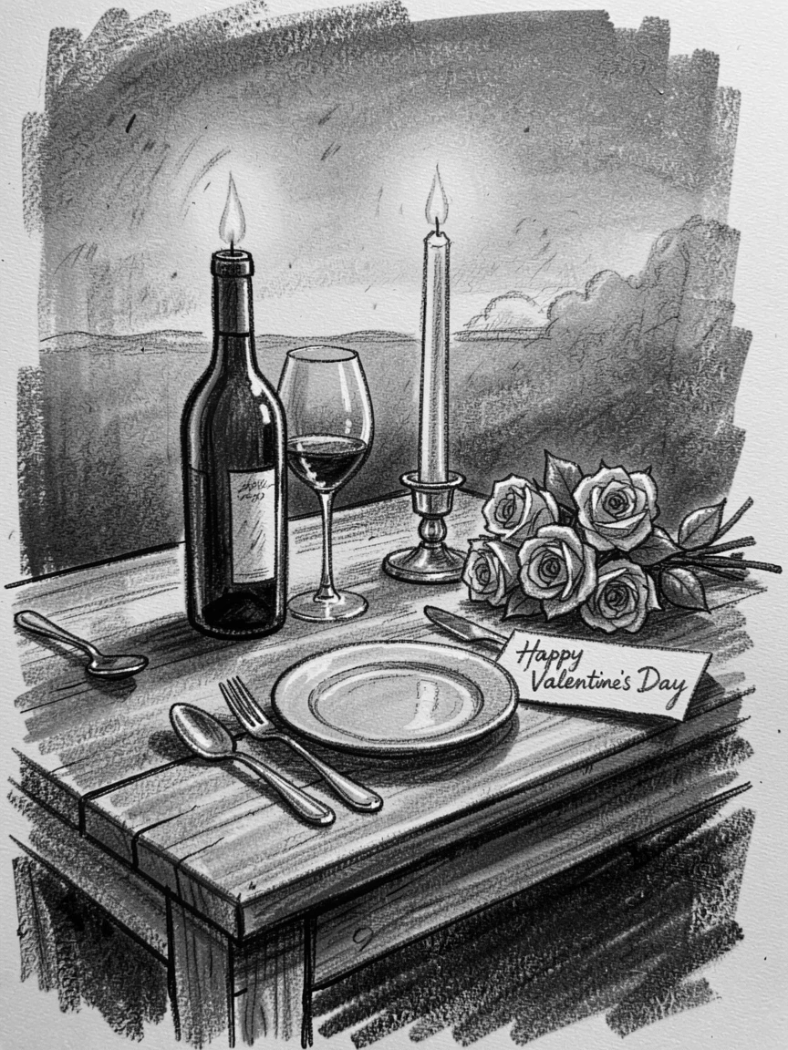 A Valentine's Day dinner set with candles and roses, as the last light of day fades to dusk.