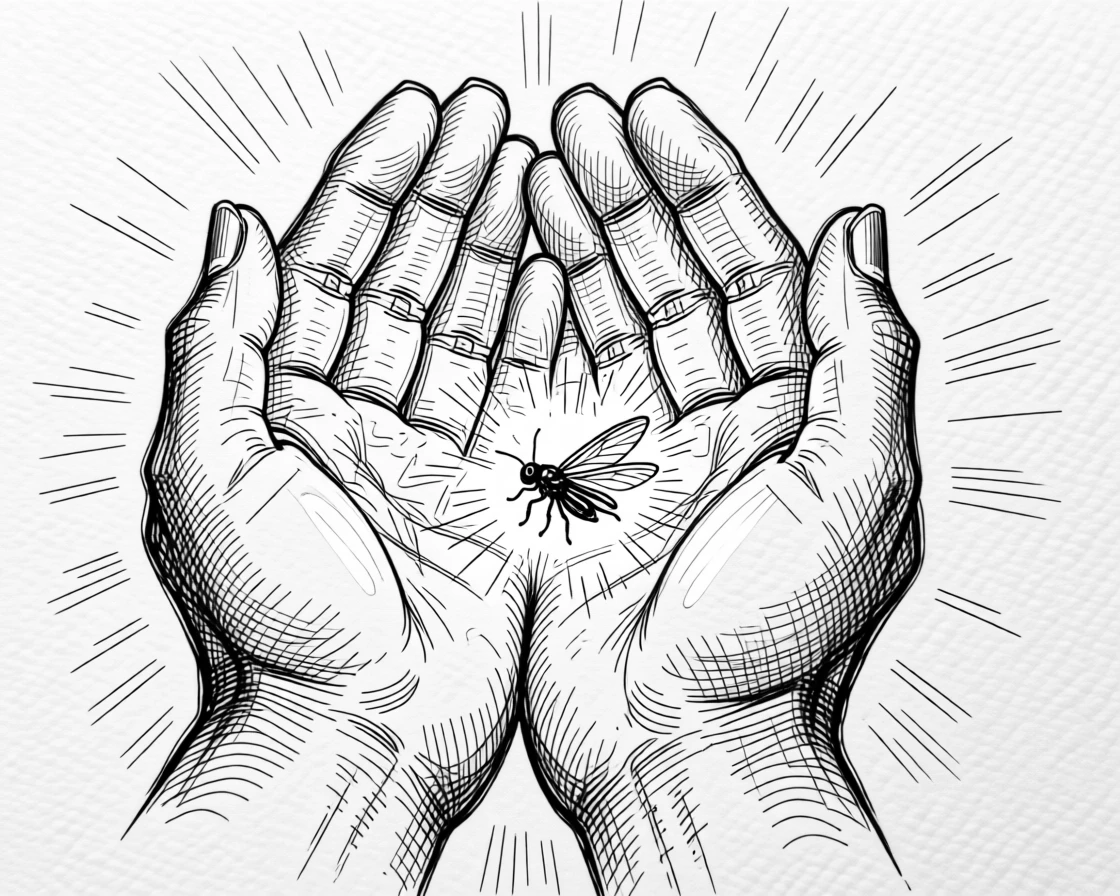A pair of hands gently closing around a small, glowing firefly.